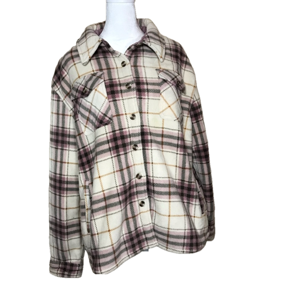SAGE pink fleece sherpa lined plush plaid shirt Jacket Shacket size XL